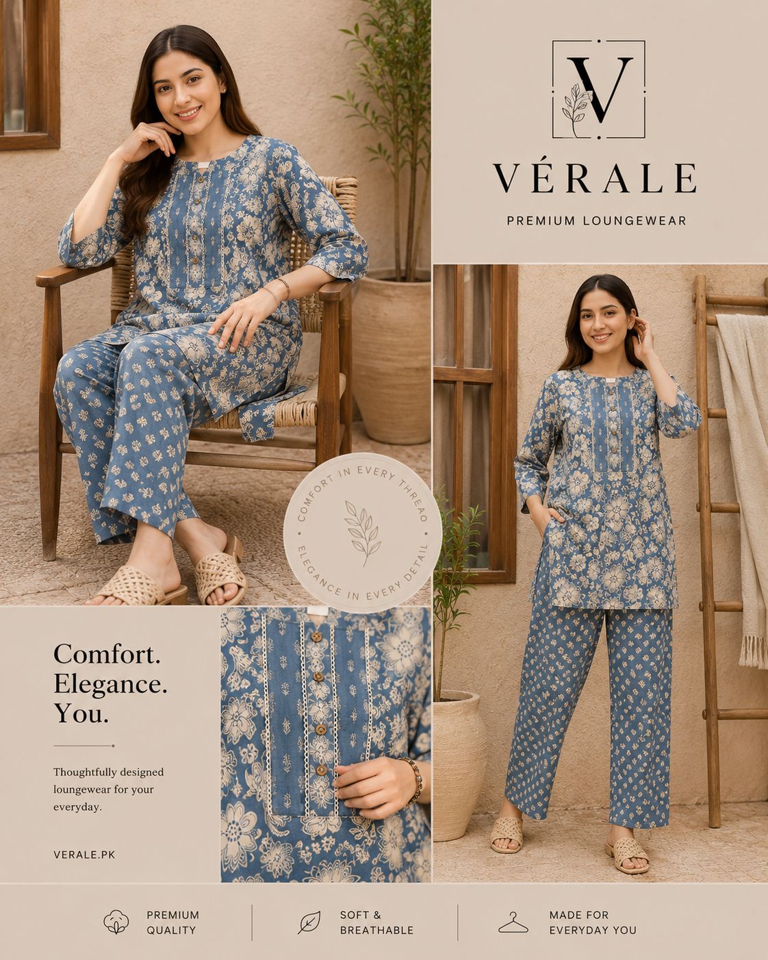 Premium Blue Floral Printed Lounge Wear Set