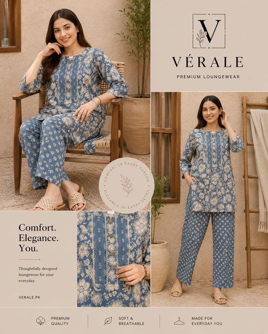 Premium Blue Floral Printed Lounge Wear Set