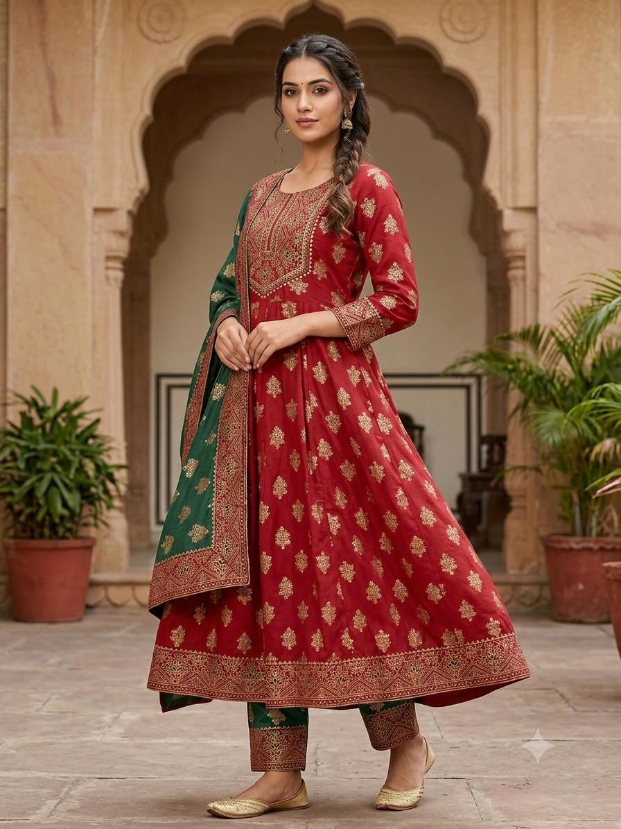 Vérale Red Green Suit Set — Festive Ethnic Wear for Women