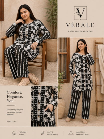 Black & White Printed Women's Lounge Wear Set