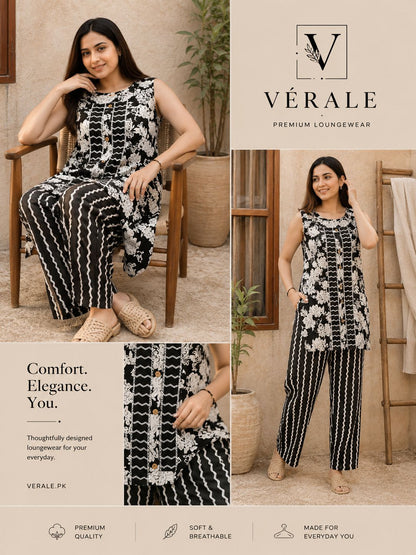 Black & White Printed Women's Lounge Wear Set
