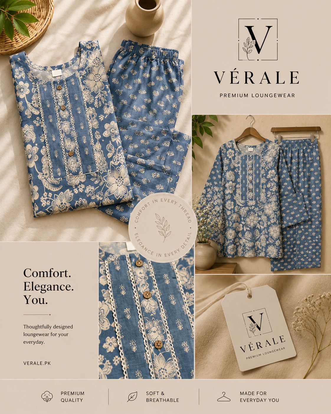 Premium Blue Floral Printed Lounge Wear Set