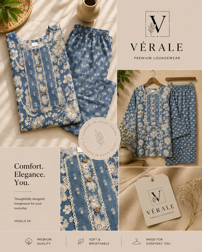 Premium Blue Floral Printed Lounge Wear Set