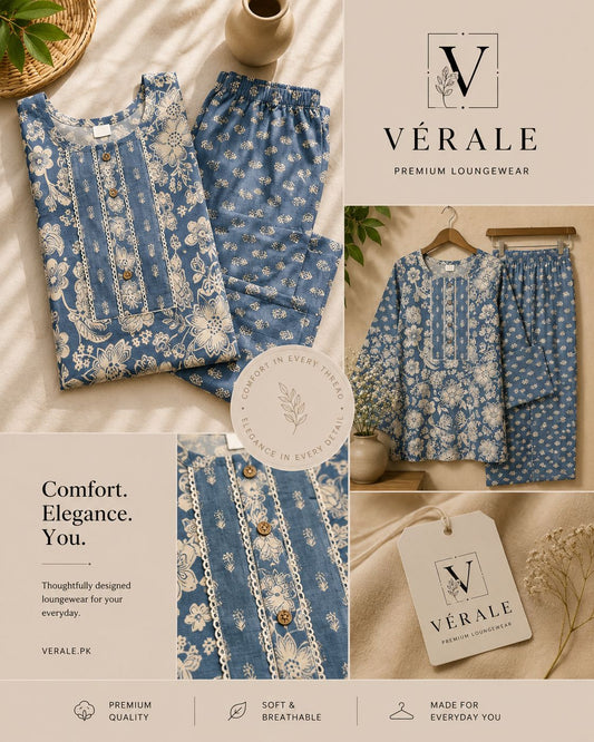 Premium Blue Floral Printed Lounge Wear Set