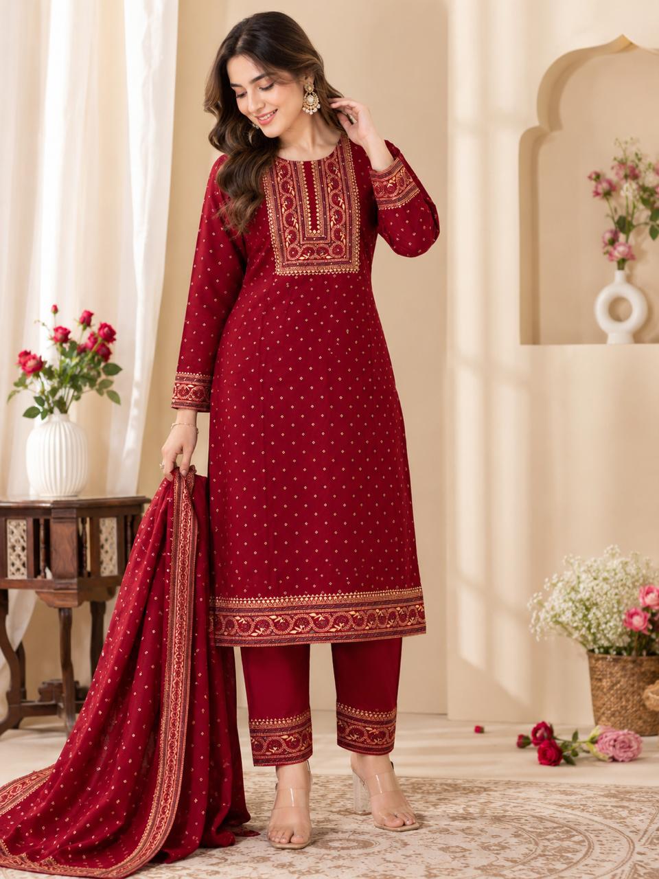 Vérale Royal Red Suit Set — Premium Ethnic Wear for Women