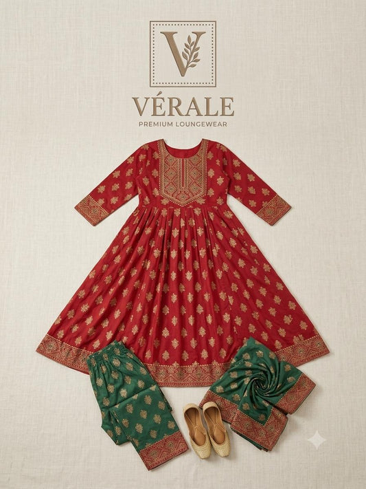 Vérale Red Green Suit Set — Festive Ethnic Wear for Women